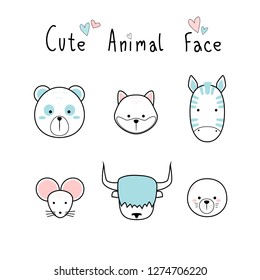 Set of cute adorable thin line animal head icon pastel color cartoon doodle style collection vector eps10