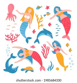 Set of cute adult mermaid girls, starfish, dolphins, octopus, fishes, shells. Color vector cartoon isolated illustrations