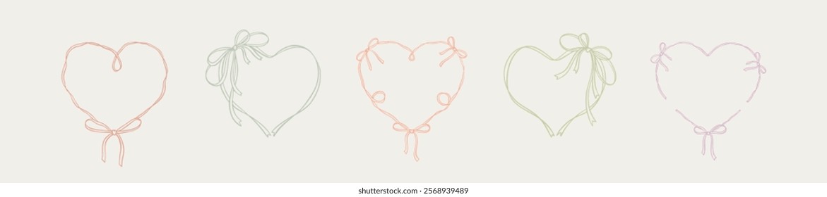 Set of cute aesthetic boho heart ribbon frames with tied bows. French style decoration. Modern minimalist girly design elements. Coquette and flirtatious drawing. Wavy irregular shape