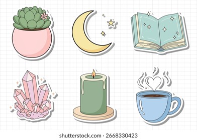 Conjunto de lindas pegatinas mágicas estéticas con luna, cristales, taza de café y vela, perfecto para la decoración.