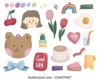Set of cute aesthetic sticker korean set with bear and cute girl