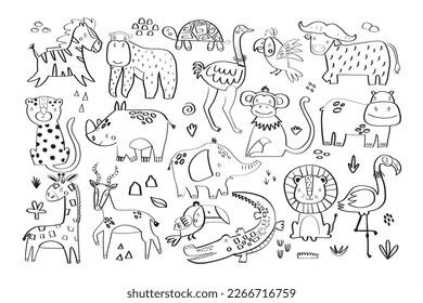 Set of cute africa animals in doodle style. Vector illustration isolated on white background for your design