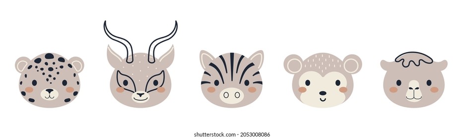 Set of cute african animal heads in scandinavian style. Collection funny animals characters for kids cards, baby shower, birthday invitation, house interior. Bohemian childish vector illustration.