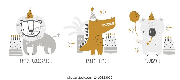 Set with cute African animals celebrating a birthday. Lion, crocodile, koala. Cake with candles, confetti, balloons. Set of children's birthday cards, invitation, baby shower.
