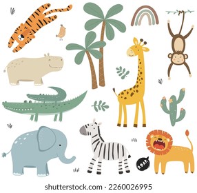 Conjunto de lindos animales africanos. Elefante, tigre, león, jirafa, hipopótamo, cebra, mono, cocodrilo y ave. Ilustración vectorial en estilo plano.