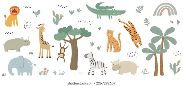 Set of cute african animals. Elephant, tiger, leon, rhinoceros, rhinoceros, giraffe, hippo, zebra, monkey, crocodile and bird. Vector illustration in flat style. svg