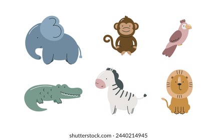 Set with cute African animals. Elephant, monkey, parrot, crocodile, zebra, lion. For for kids design, fabric, wrapping, cards, textile, wallpaper, apparel. Isolated vector on white background.