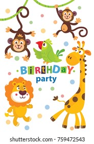 Set of cute african animals for happy birthday design. Lion, elephant, monkey, parrot, giraffe.
