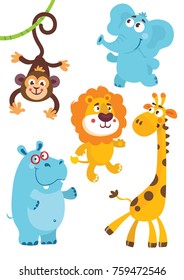 Set of cute african animals for happy birthday design. Lion, elephant, monkey, hippo, giraffe.