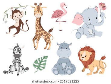 Conjunto de animais africanos bonitos em fundo branco. Desenhos animados de animais pequenos em estilo plano. Coleção Safari. Ilustração infantil vetorial para roupas, tecidos, cartões de felicitações, adesivos, etc.