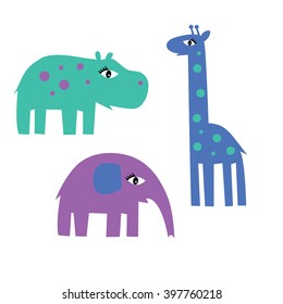 Set of cute african animals on white background in vector: elephant, giraffe, hippopotamus