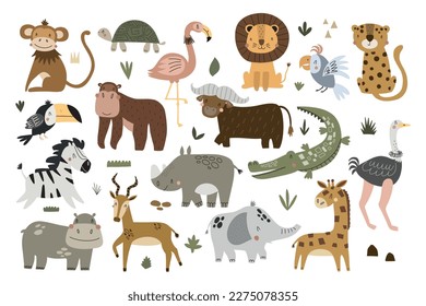 Set cute African animals in scandinavian style isolated white background  Vector illustration for the design textiles  posters  clothes