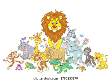 Set of cute African animals sitting together. Greeting card in cartoon style. Isolated on white background. Place for your text. Vector illustration.