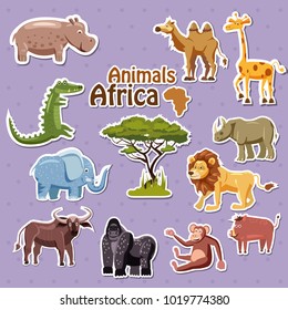 Set of cute African animals stickers, cartoon style, isolated, vector, illustration