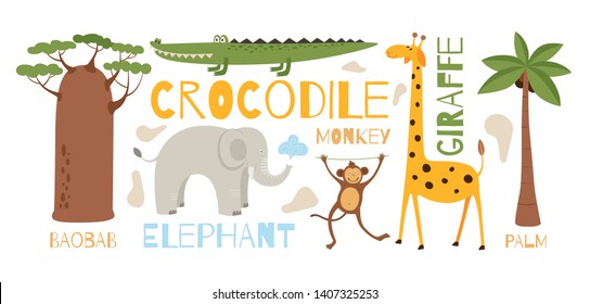 Set of cute african animals and trees in a funny cartoon style. It can be used for registration of a children's interior, fabrics, design. Vector illustration on white isolated background.