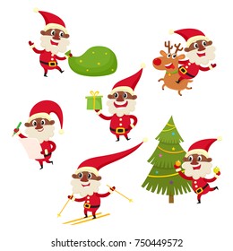 Set of cute african Santa waiting for the new year, cartoon vector illustration isolated on white background. Old man with happy, glad, smiling face expression.