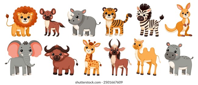 Set of cute African wild animals in scandinavian style isolated on white background. Vector cartoon illustration for the design of textiles, posters, clothes.