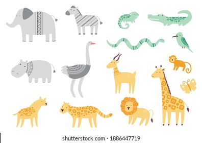 Set of cute african zoo animals giraffe, zebra, lion, bird, elephant, snake, lizard, cheetah, crocodile. Flat and simple design style for baby, children illustration.