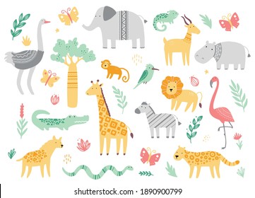 Set of cute african zoo animals giraffe, zebra, lion, bird, elephant, snake, lizard, cheetah, crocodile. Flat and simple design style for baby, children illustration.