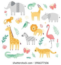 Set of cute african zoo animals giraffe, zebra, lion, bird, elephant, snake, lizard, cheetah, crocodile. Flat and simple design style for baby, children illustration.