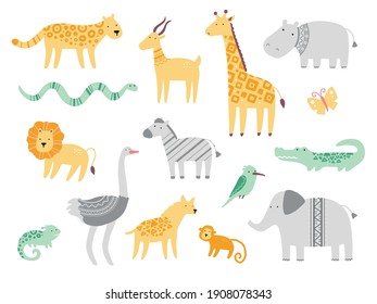 Juego de tiernos animales del zoo africano, jirafa, cebra, león, pájaro, elefante, serpiente, lagartija, chita, cocodrilo. Diseño plano y sencillo para la ilustración infantil.