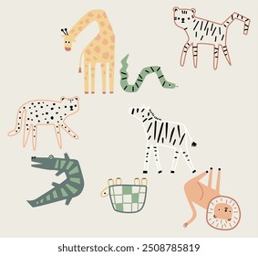 Conjunto de animais de zoológico africanos bonitos girafa, zebra, leão, pássaro, elefante, cobra, lagarto, chita, crocodilo. estilo de design simples para bebê, ilustração de crianças.