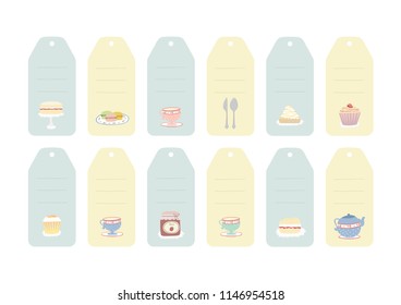 Set of cute afternoon tea gift tags, labels. Victoria sponge cake, cupcake, tea pot, tea cup, macaroons, scones, lemon meringue pie. Sweet treats.