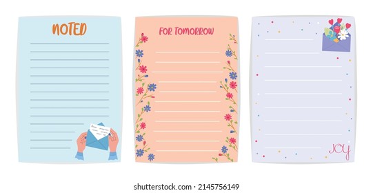 Set of cute agenda, notepad page with place for text. Blank to-do list, planner sheets with envelopes and flowers. Flat vector illustration isolated on white background.