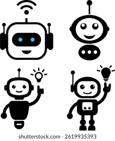 Conjunto de ícones de robôs de IA bonito - Cartoon Personagens de inteligência artificial, Símbolos de Tech Bot, Ilustrações de máquina inteligente

