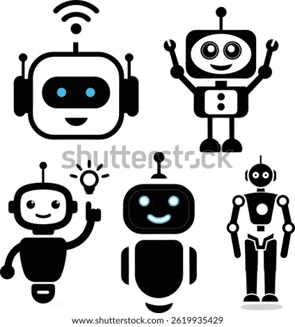 Set of Cute AI Robot Icons – Cartoon Artificial Intelligence Characters, Tech Bot Symbols, Smart Machine Illustrations


