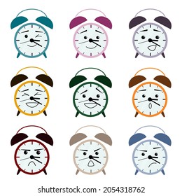 Set of cute alarm clock emoji icons in different expressions. Joy, sadness, shock, laughter. Vector flat illustration