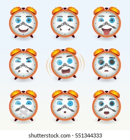 Set of cute alarm clock emoticons. Various emotions of the character. Set of avatar icons. Vector illustration.