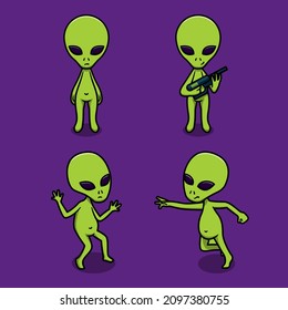 Set Of Cute Aliens Cartoon Vector Icon Illustration. Space Mascot Character Concept Isolated Vector. Flat Cartoon Style