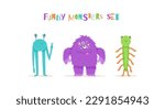 Set of cute aliens character vector illustration. Friendly blue alien, green monster with many hands and large purple beast in cartoon style. Ideal for kids design