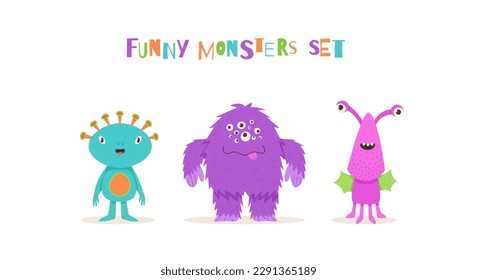 Set of cute aliens character vector illustration. Friendly blue alien, small green with one eye, large purple monster and pink beast with wings in cartoon style. Ideal for kids design