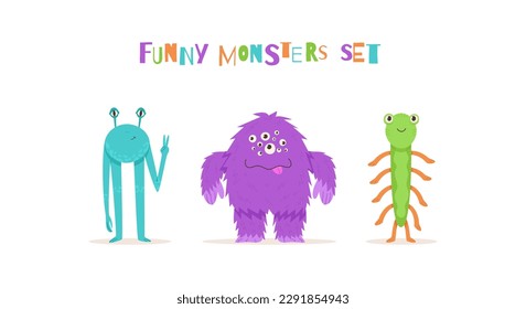 Set of cute aliens character vector illustration. Friendly blue alien, green monster with many hands and large purple beast in cartoon style. Ideal for kids design