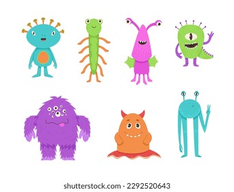 Set of cute aliens character vector illustration. Friendly and funny monsters in cartoon style. Ideal for kids design, stickers, mascote.
