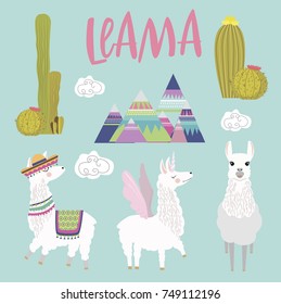 Set of Cute Alpaca characters with cactus. Editable vector illustration