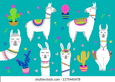 Set of cute alpaca. Collection design elements with llama, cactus, flowers. Vector illustration. 