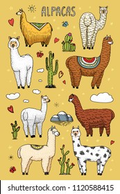 Set of cute Alpaca Llamas or wild guanaco on the background of Cactus and mountain. Funny smiling animals in Peru for cards, posters, invitations, t-shirts. Hand drawn Elements. Engraved sketch.