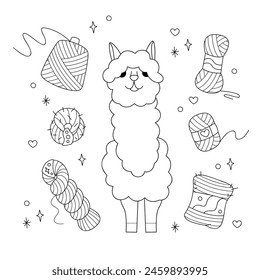 Set with cute alpaca and skeins of yarn. Doodle outline vector black and white illustration.