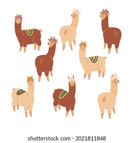 Set of cute alpacas in flat style. Vector  illustration on sand color background.