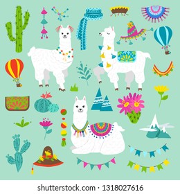 Set of cute alpacas and hand drawn elements. Llamas and cacti vector illustration. Summer design elements for greeting cards, baby shower, invitation, posters etc.