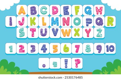 Set of cute alphabet letters and numbers flat vector