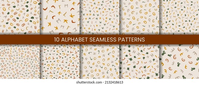 Set of cute alphabet seamless pattern with crayon handwritten doodles and boho style. Funny  wallpaper with word ABC concept for kids education, scrapbook, print, fabric, school, baby texture