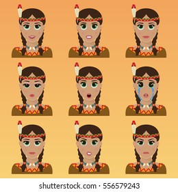 Set of cute american indian emoticons. Various emotions of the character. Set of avatar icons. Vector illustration.