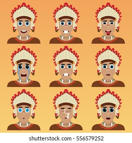 Set of cute american indian emoticons. Various emotions of the character. Set of avatar icons. Vector illustration.