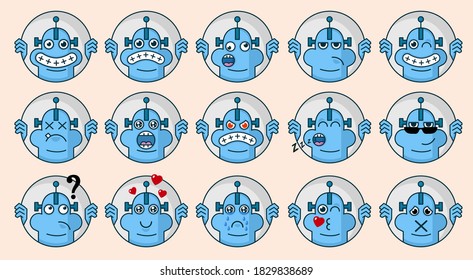 Set Of Cute Android With Different Emotions. Character Cartoon Robot Face. Avatar Emoticon Illustration. Cyborg Emoji In Cartoon Style. Chat Icon Collection. 