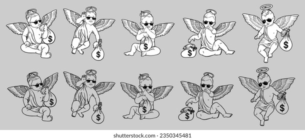 Set Cute angel with a bag of dollars.
money bag angel with wings vector. cartoon character. Vector drawing. Cute angel. Line drawing.