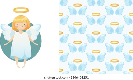 Set of cute angel and pattern with wings and halo on transparent background for printing on children's clothes. Vector illustration in cartoon style, garish vector